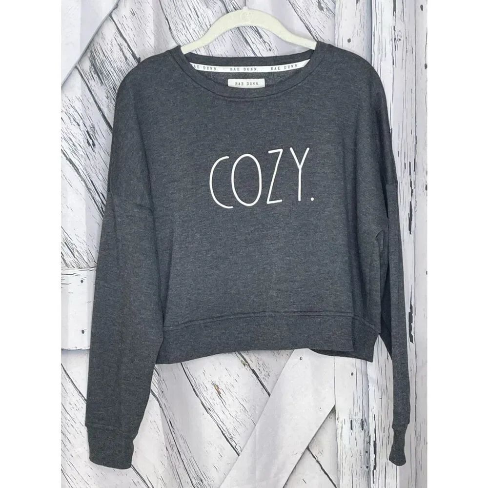 Rae Dunn Cozy Cropped Sweatshirt Gray Size Medium - Picture 1 of 5